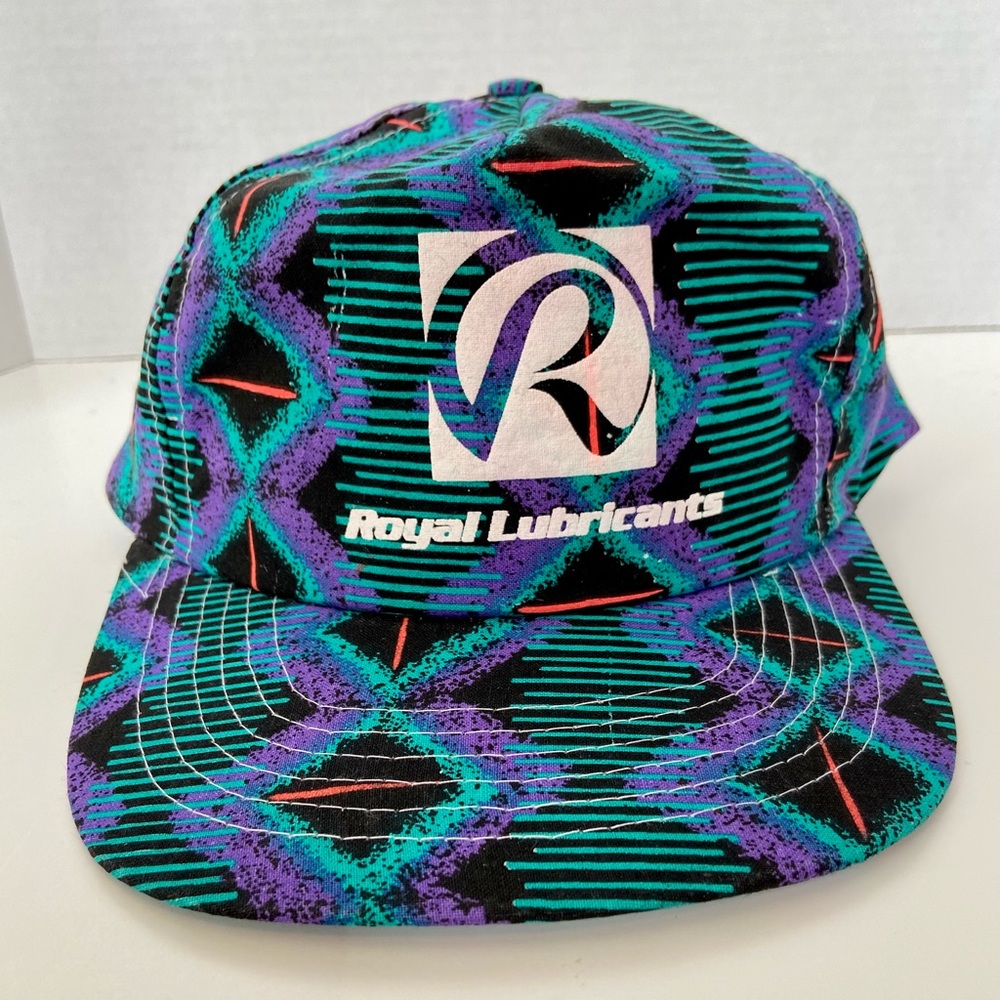 Vintage Royal Lubricants Trucker Hat Retro Snapback Cap Purple Blue Geometric